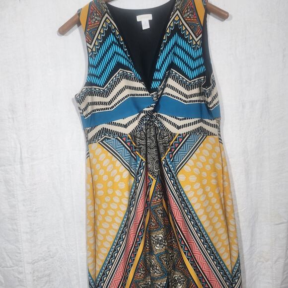 CHICOS sz 2 L/12 Jersey Yellow Blue Sundress Stretch Casual Maxi Dress - Picture 2 of 4